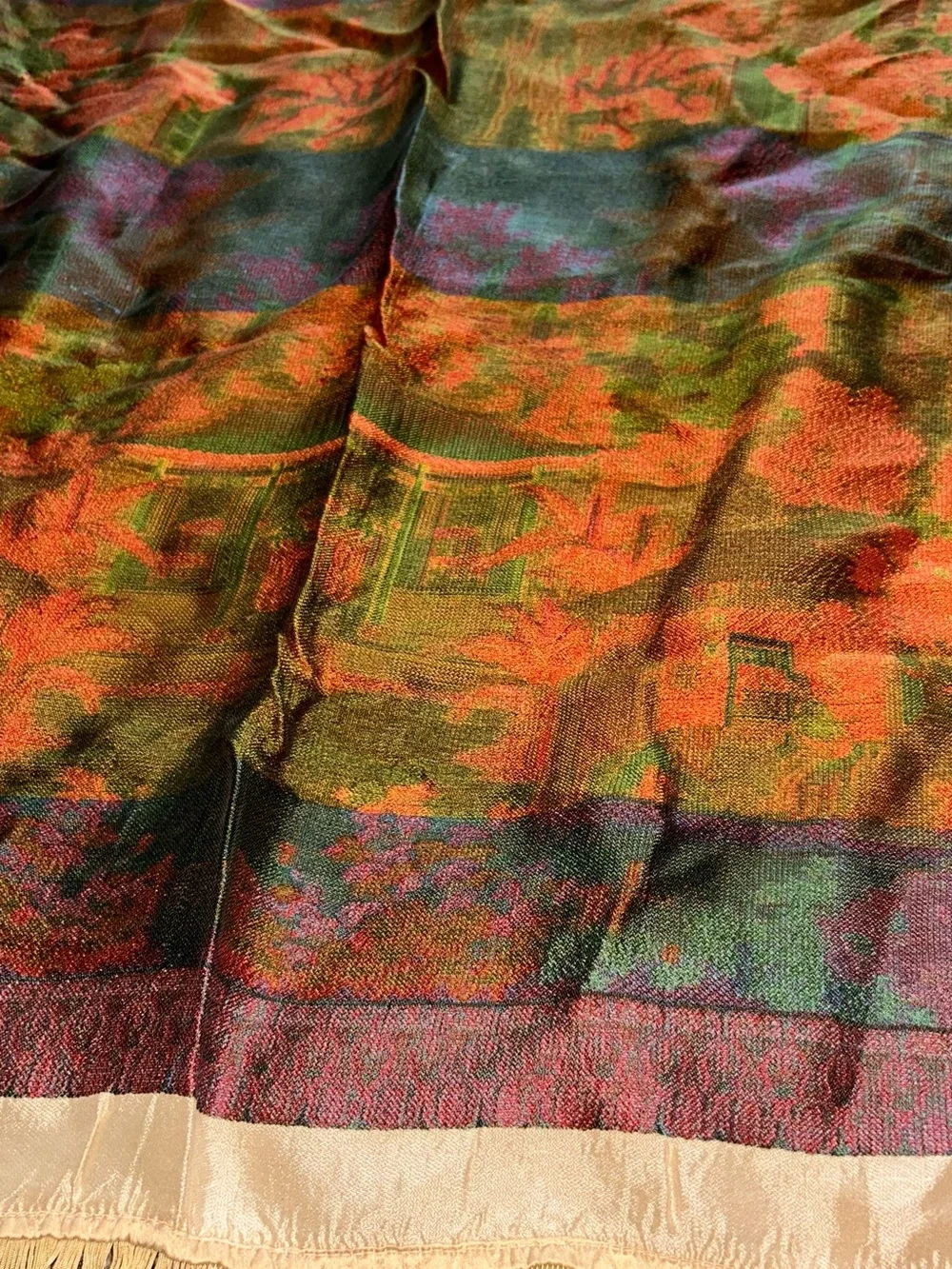 Vintage Chinoiserie Silk Scenic Wall Hanging in Multicolor
